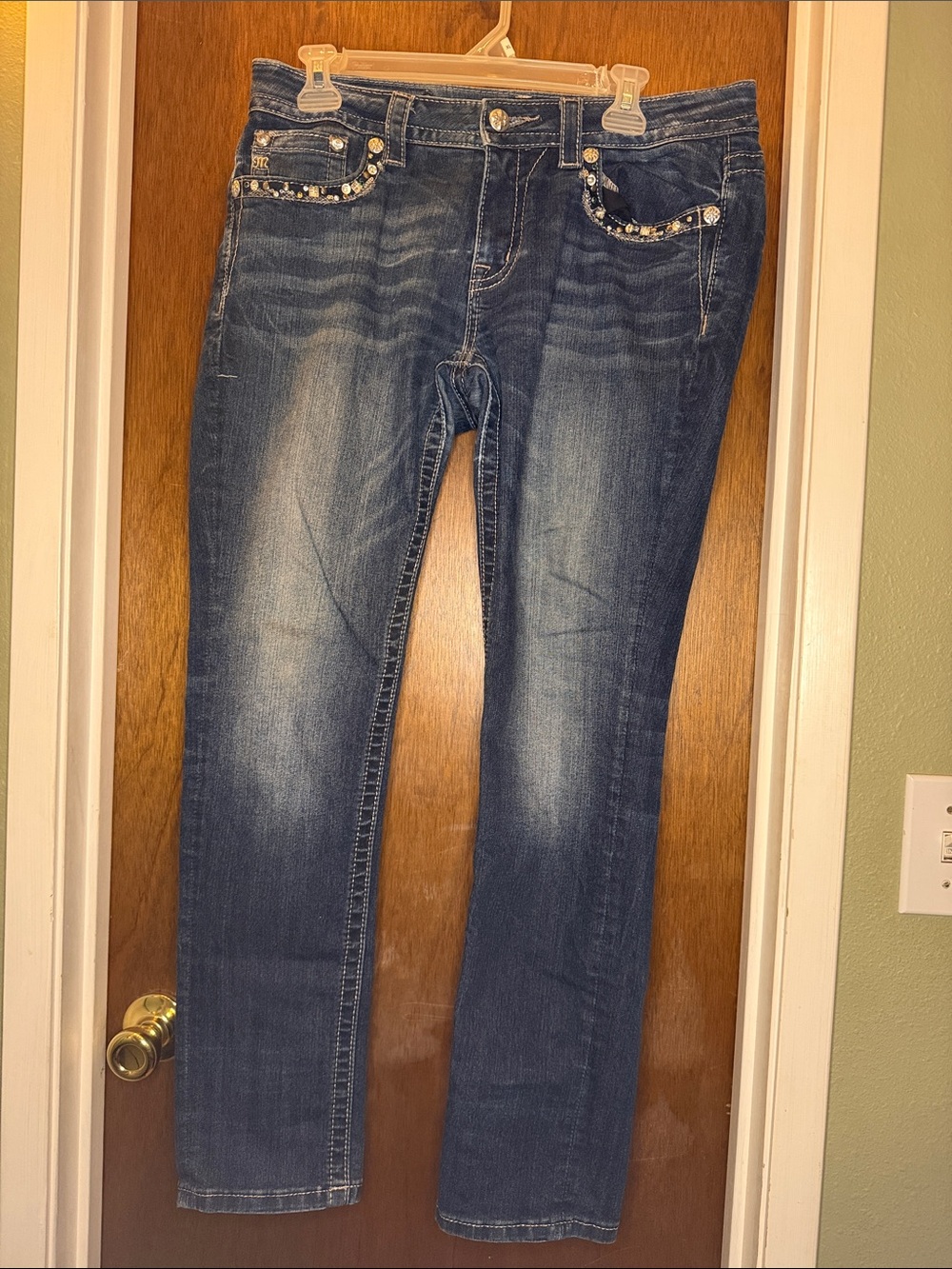 Miss Me Medium Blue Straight Leg Jeans with Embellished Pockets